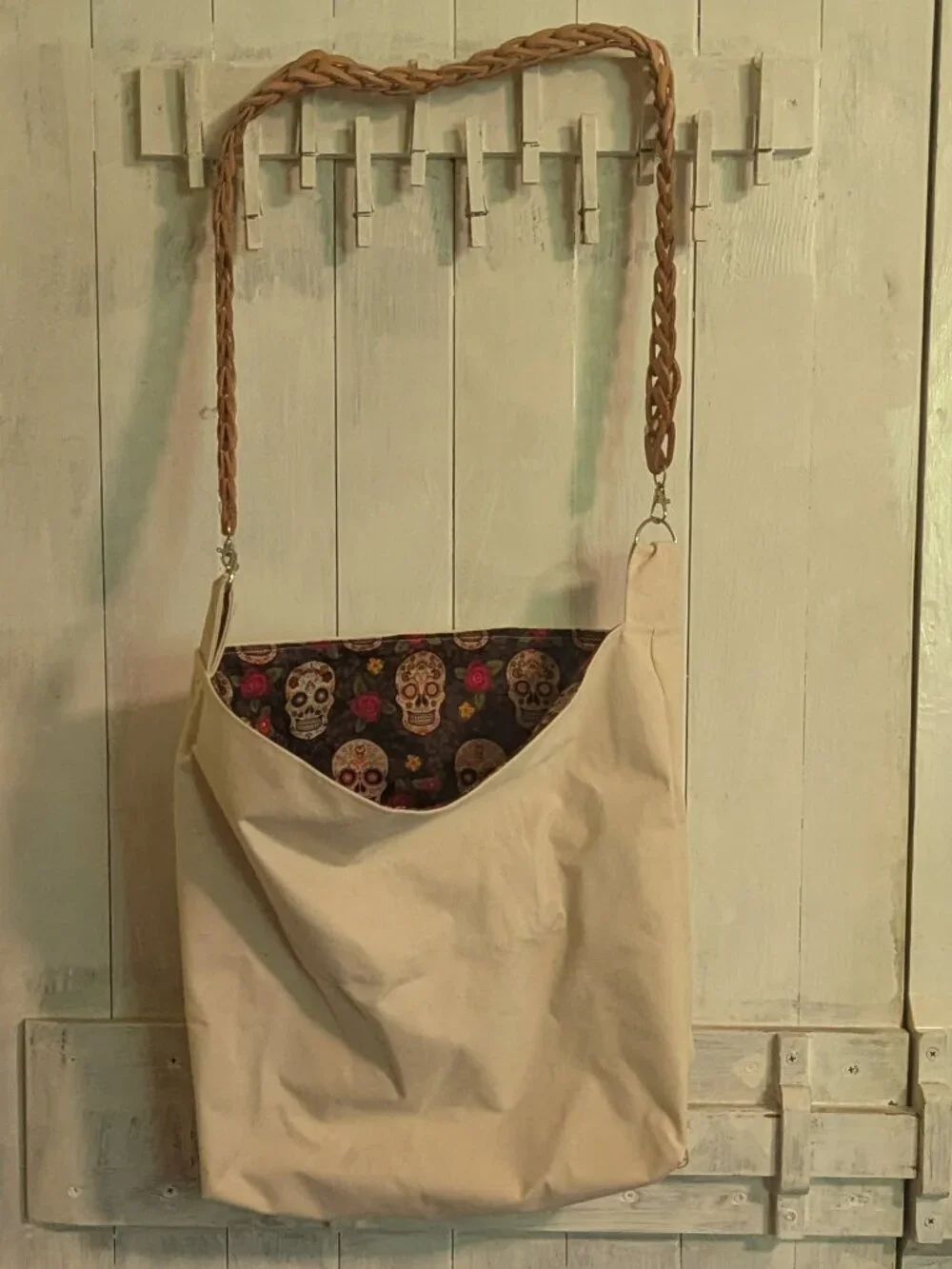 Canvas Tote Bag with Leather strap lined with Suger Skull cotton